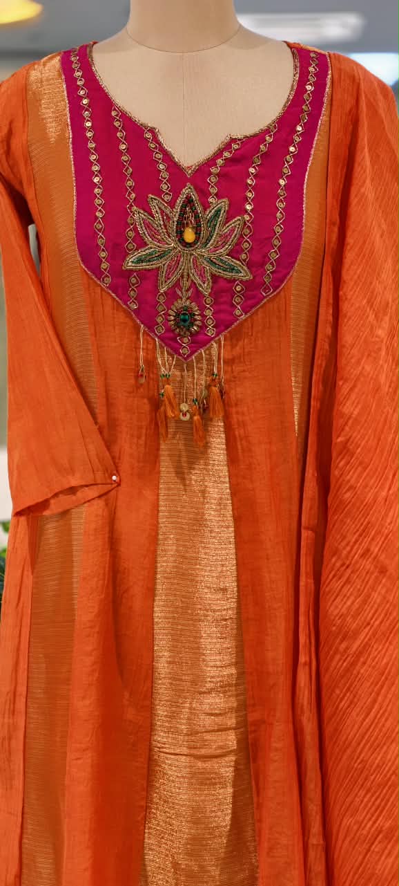 Vibrant Rust Orange Mul-Chanderi Tissue Aline Full Suit Set with Embroidered Yoke- 16778