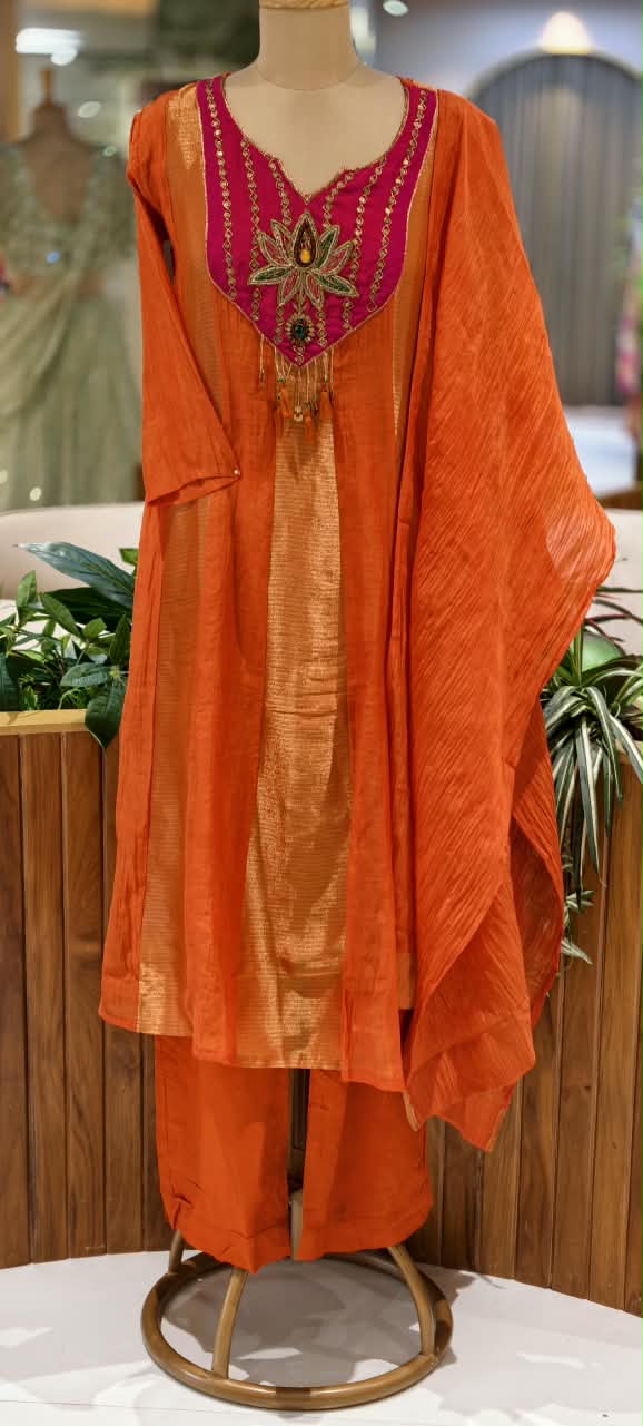 Vibrant Rust Orange Mul-Chanderi Tissue Aline Full Suit Set with Embroidered Yoke- 16778