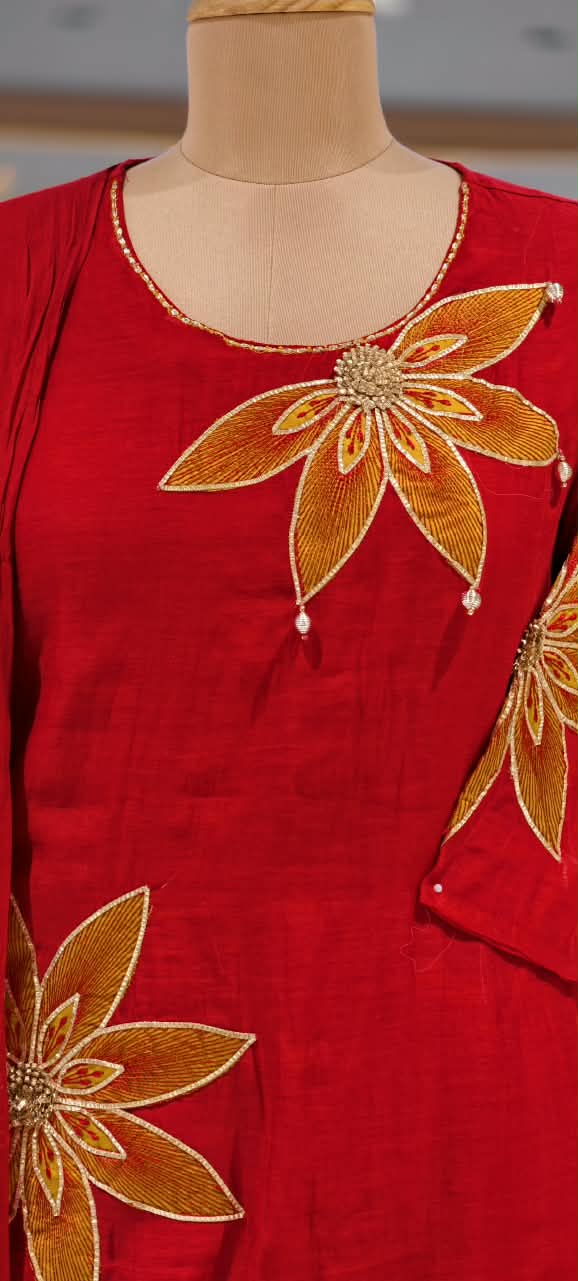 HD Giant Floral Embroidery Surat Mul-Chanderi Vibrant Full Suit Set With Dupatta- 16809