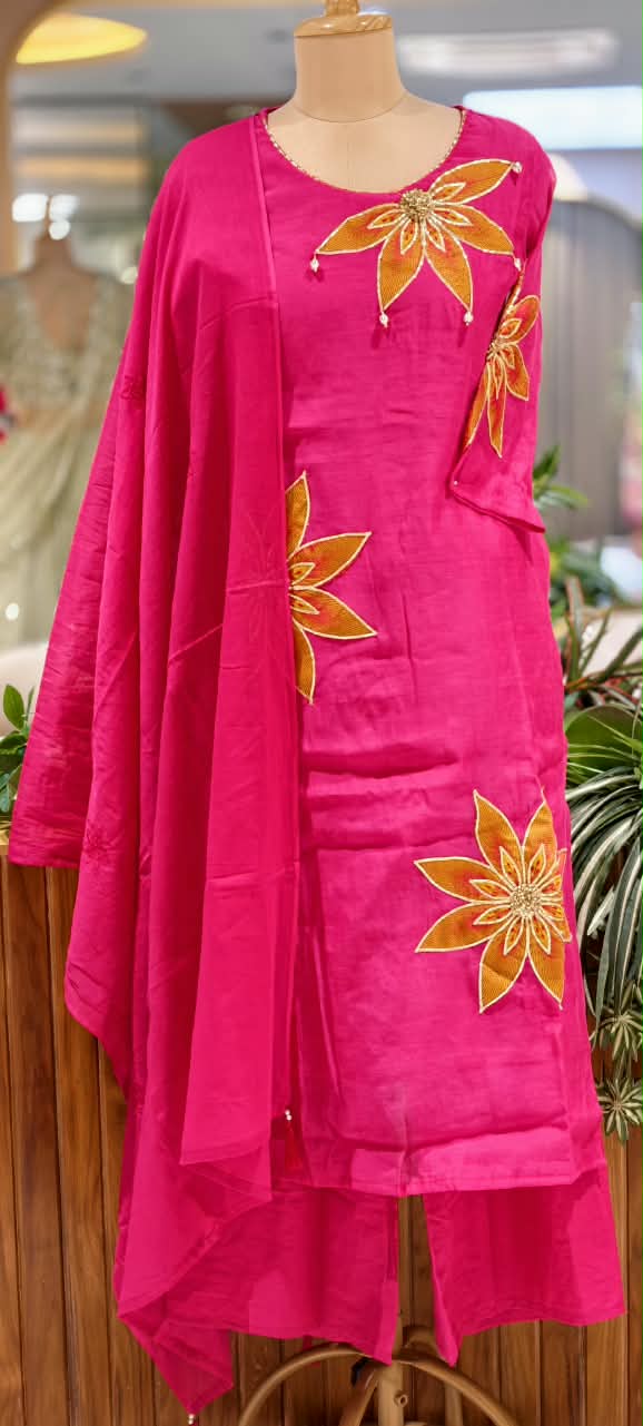 HD Giant Floral Embroidery Surat Mul-Chanderi Vibrant Full Suit Set With Dupatta- 16809