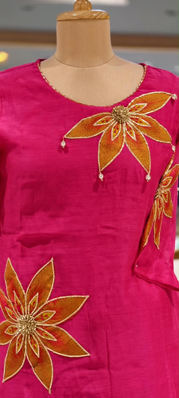 HD Giant Floral Embroidery Surat Mul-Chanderi Vibrant Full Suit Set With Dupatta- 16809