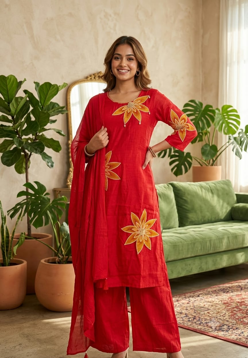 HD Giant Floral Embroidery Surat Mul-Chanderi Vibrant Full Suit Set With Dupatta- 16809