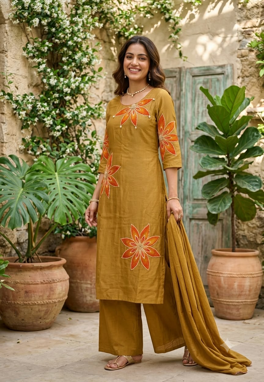 HD Giant Floral Embroidery Surat Mul-Chanderi Vibrant Full Suit Set With Dupatta- 16809