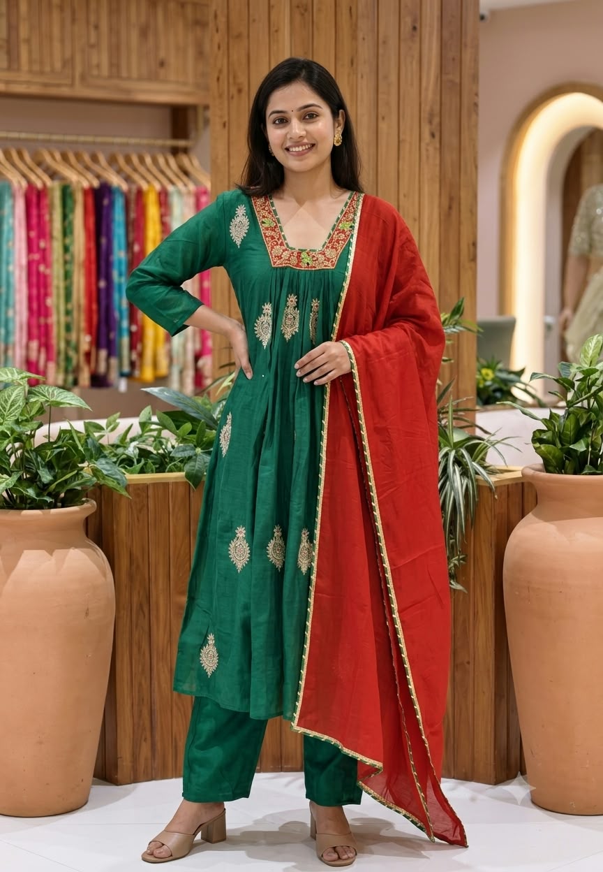 Morni Rich Zardosi Embroidery Work Festive Chic Banarasi Mul-Chanderi A-Line Full Suit Set With Dupatta- 16782