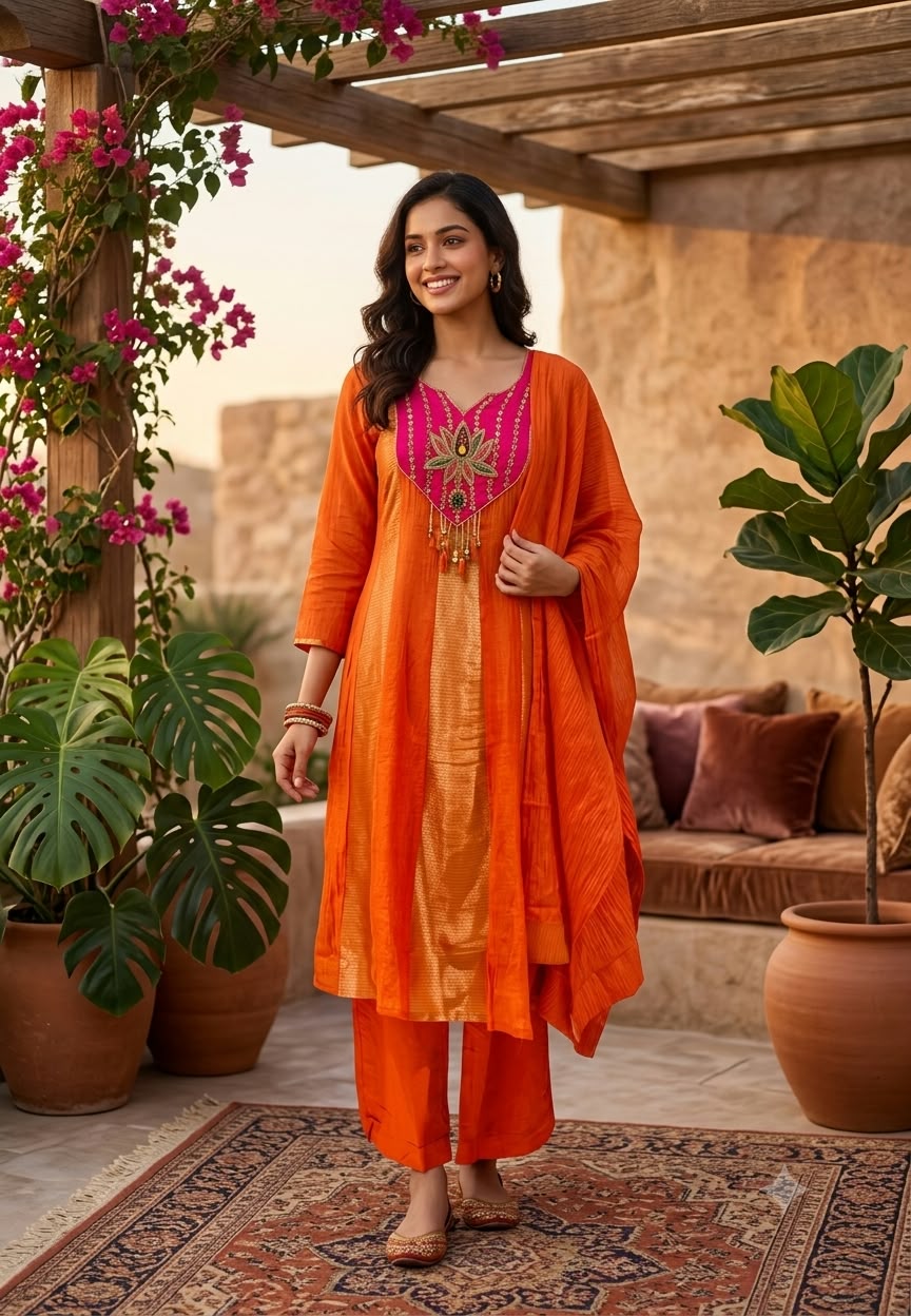Vibrant Rust Orange Mul-Chanderi Tissue Aline Full Suit Set with Embroidered Yoke- 16778