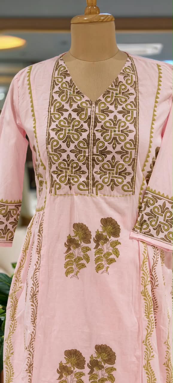 Aline Pastel Pink Cotton Block Printed Full Suit Set with Olive Green Floral Motifs- 16793