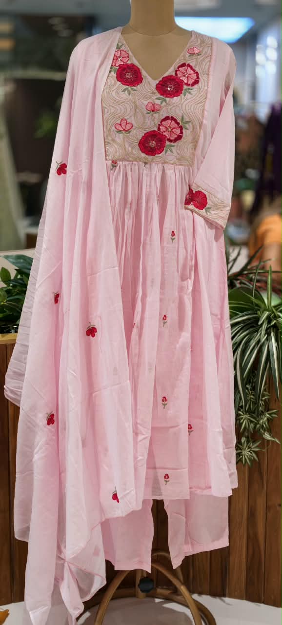 Aline Baby Pink Mul Cotton Floral Embroidered Yoke Full Suit Set With Dupatta- 16796