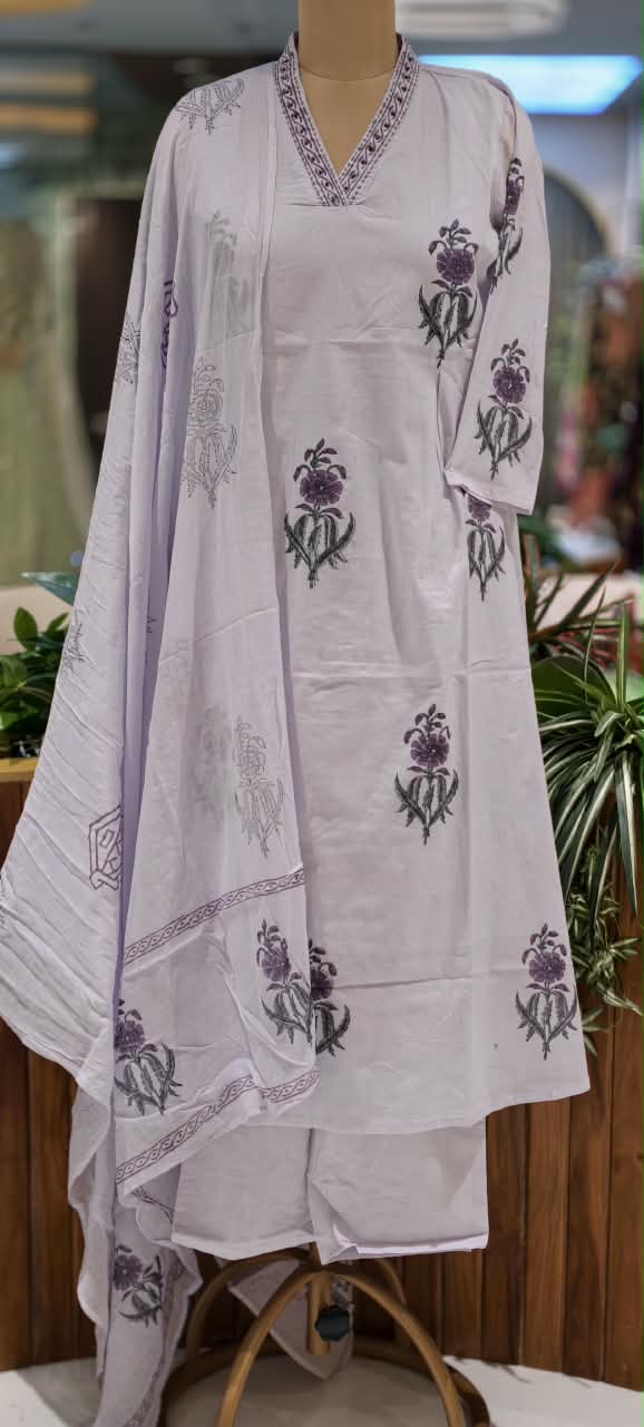 Elegant Lavender Cotton Floral Printed Aline Full Suit Set with Matching Dupatta- 16794