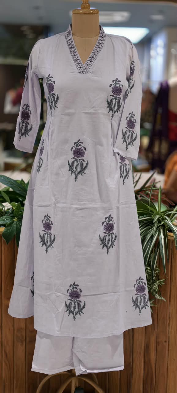 Elegant Lavender Cotton Floral Printed Aline Full Suit Set with Matching Dupatta- 16794