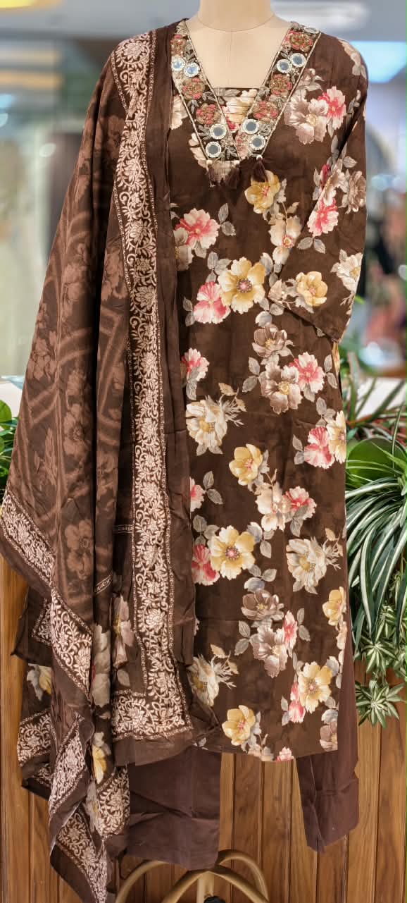 Chocolate Brown Cotton Floral Print Full Suit Set with Embellished V-Neck & Tassel Detailing- 16790