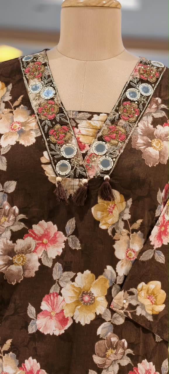 Chocolate Brown Cotton Floral Print Full Suit Set with Embellished V-Neck & Tassel Detailing- 16790