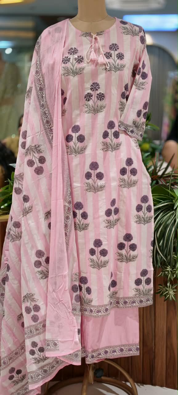 Striped Pure Cotton Floral Print Full Suit Set Set with Matching Dupatta- 16798