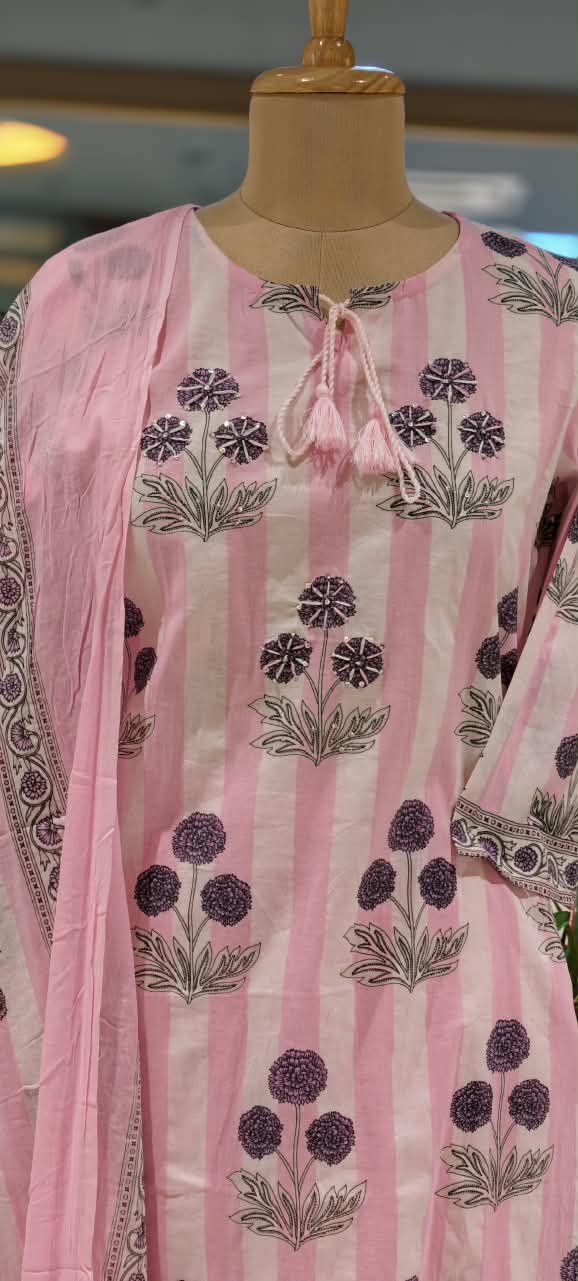 Striped Pure Cotton Floral Print Full Suit Set Set with Matching Dupatta- 16798