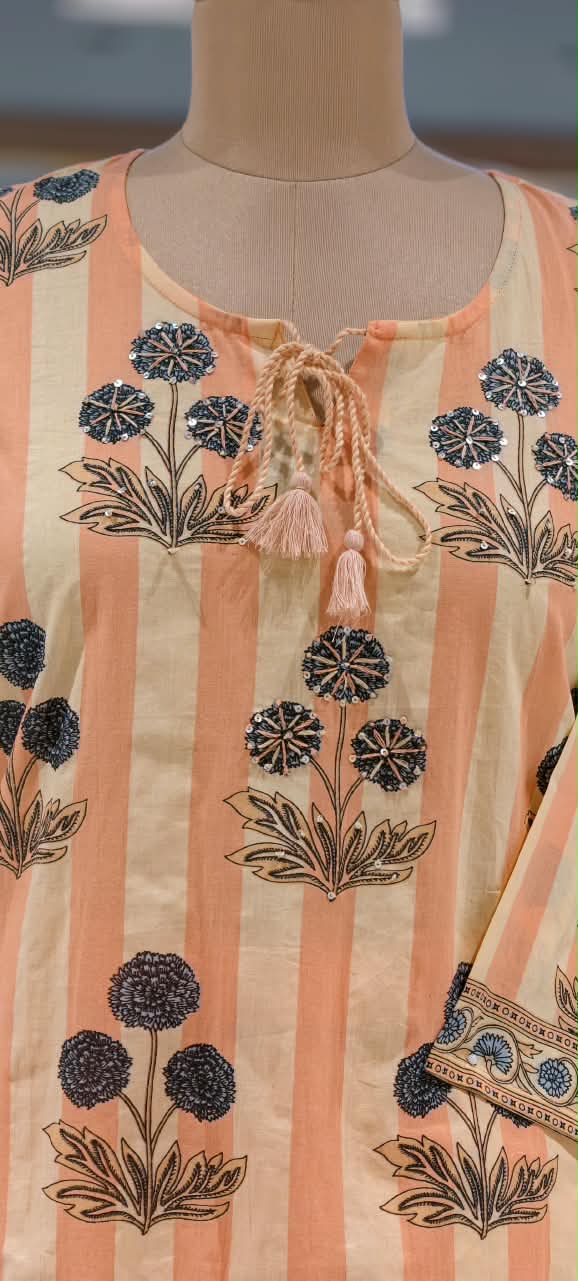 Striped Pure Cotton Floral Print Full Suit Set Set with Matching Dupatta- 16798