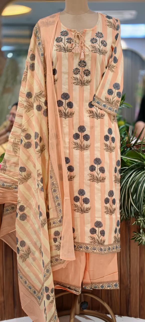 Striped Pure Cotton Floral Print Full Suit Set Set with Matching Dupatta- 16798