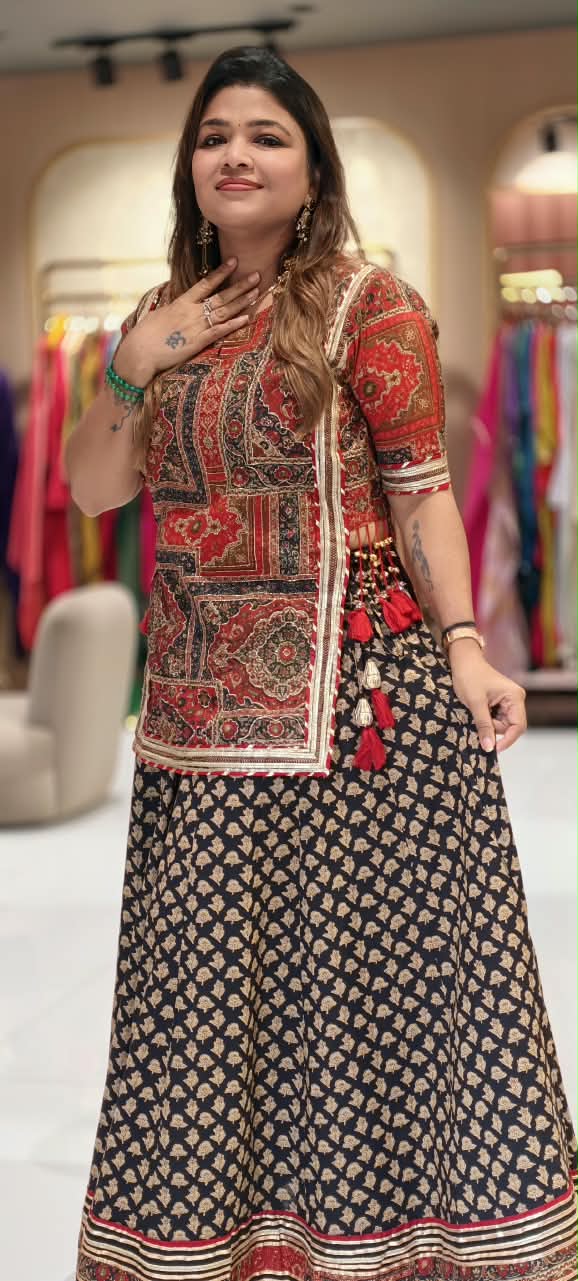 Festive Elegance Ethnic Print Skirt Bottom & Kurta Set In Cotton Fabric With Side Knotted Tassels- 16870