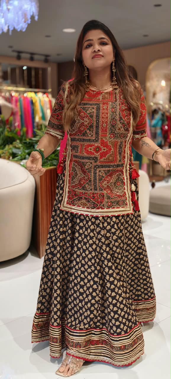 Festive Elegance Ethnic Print Skirt Bottom & Kurta Set In Cotton Fabric With Side Knotted Tassels- 16870