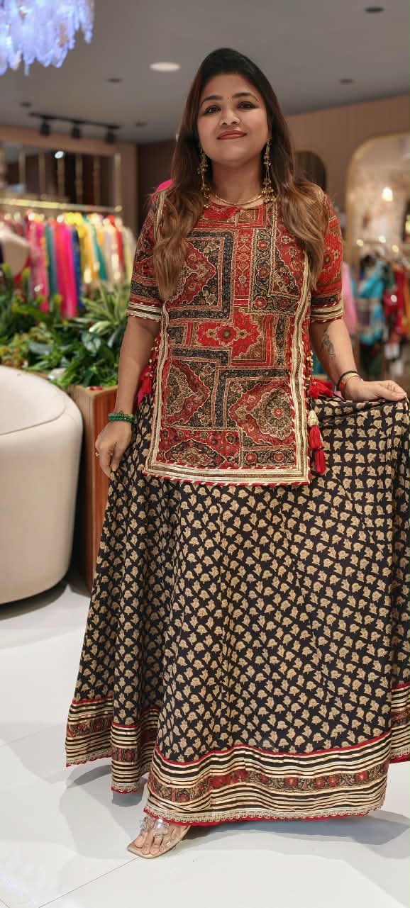 Festive Elegance Ethnic Print Skirt Bottom & Kurta Set In Cotton Fabric With Side Knotted Tassels- 16870