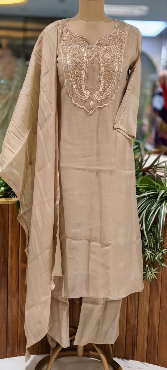Graceful Mulchanderi with Detailed Golden Ethnic Embroidery Patch Yoke Aline Full Suit Set 16770