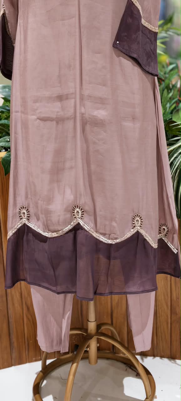 Surat Mulchanderi Solid Shade Contrast embroidered Patch Work Aline Full Suit Set 16772