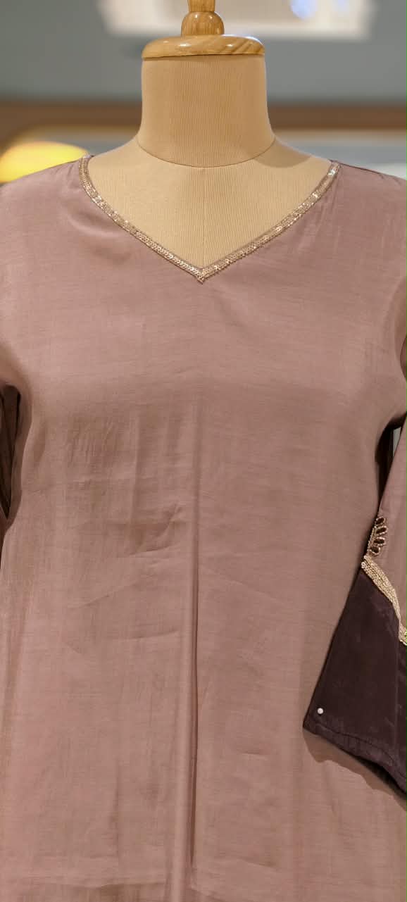 Surat Mulchanderi Solid Shade Contrast embroidered Patch Work Aline Full Suit Set 16772