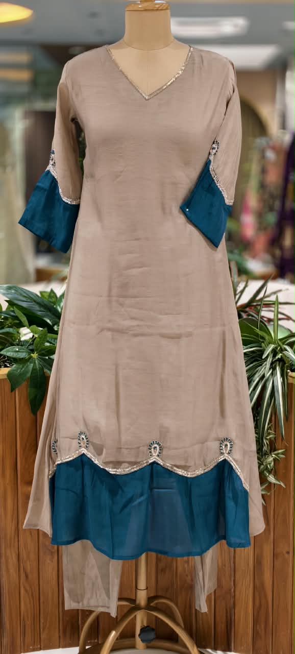 Surat Mulchanderi Solid Shade Contrast embroidered Patch Work Aline Full Suit Set 16772