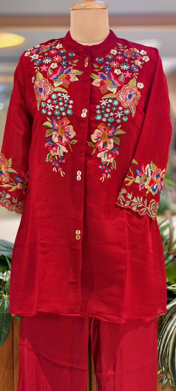 Premium Ruby Red And Blue Floral Embroidered Co-Ord Set with Wide-Leg Pants-16747