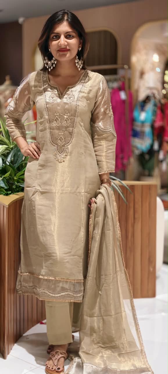 Premium Tissue Silk Embroidered Full Suit Set with Intricate Neckline & Lace Detailing 16781