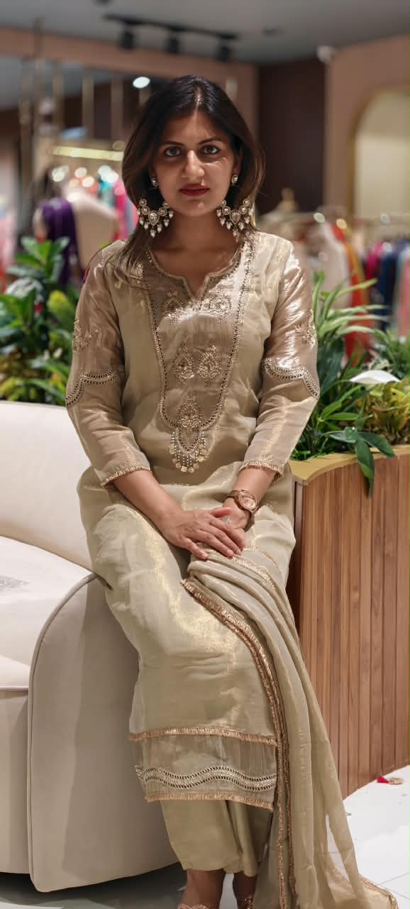 Premium Tissue Silk Embroidered Full Suit Set with Intricate Neckline & Lace Detailing 16781