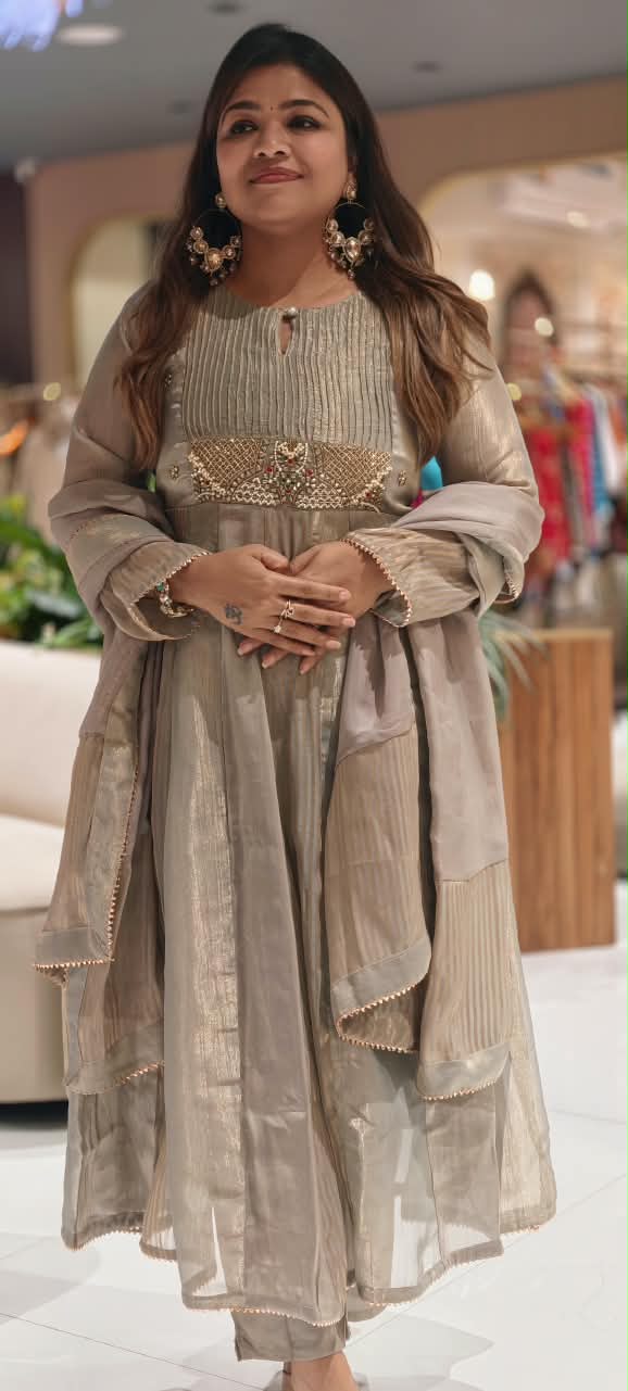 Rich Jewel Kundan Look Pleated Yoke Premium Tissue Anarkali Full Suit Set With Dupatta- 16812