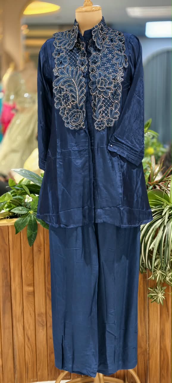 Glamrous Blue Floral Cut-Work Embroidery Matching Co-Ord Set- 16814