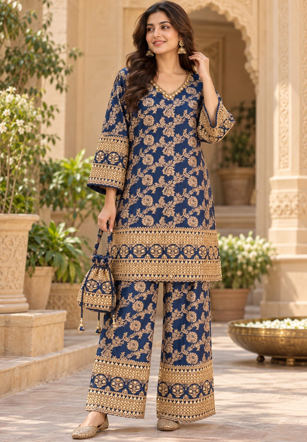 Royal Gold Foil Floral Printed Brocade Kurta Set with Heavily Embroidered Borders, Wide-Leg Palazzo Pants & Matching Potli Bag- 16868