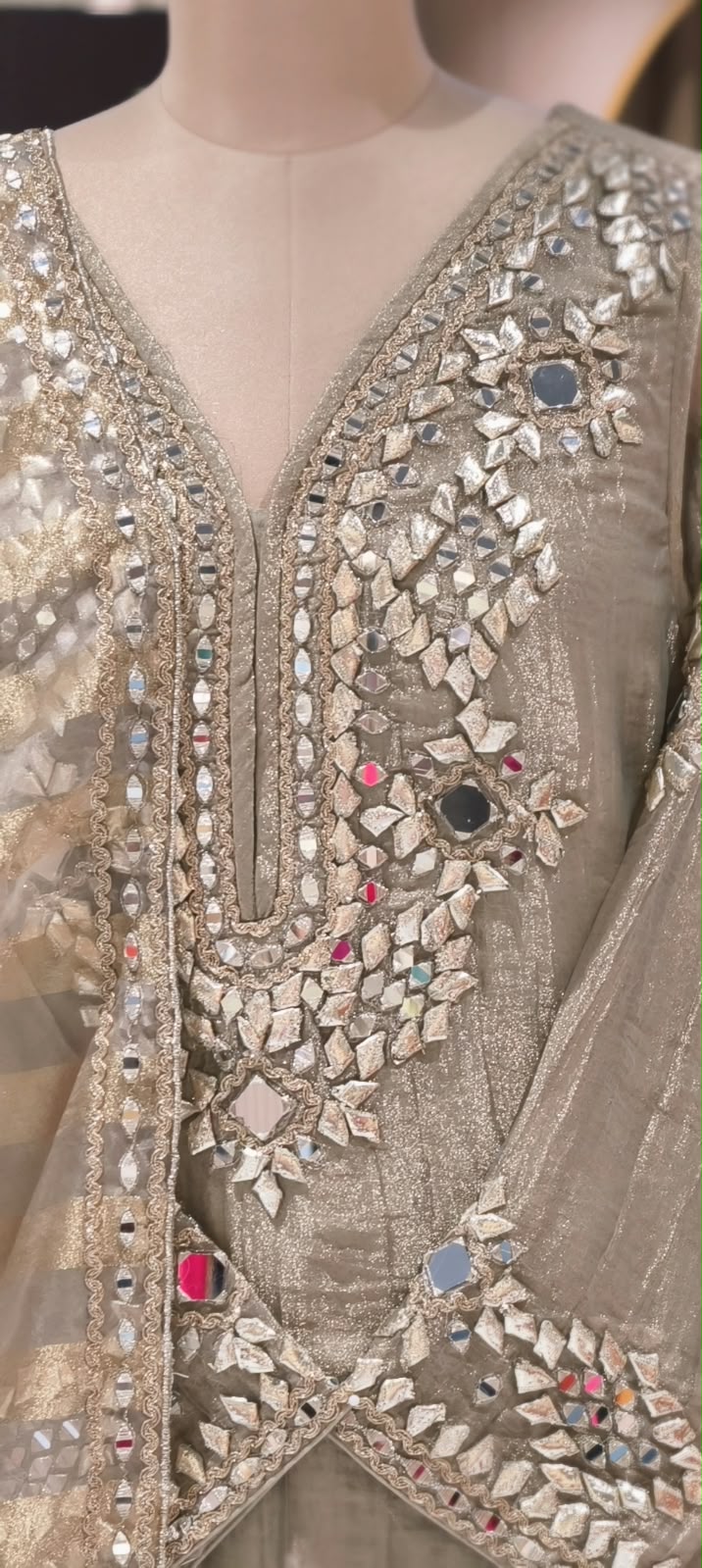 Heavy Premium Tissue Real Mirror Hand Embroidery Heavy Party Wear Full Suit Set With Striped Dupatta- 16867