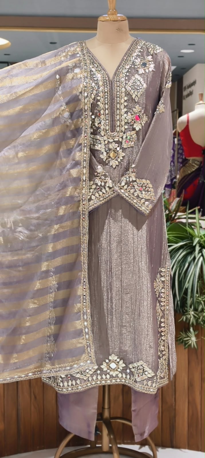 Heavy Premium Tissue Real Mirror Hand Embroidery Heavy Party Wear Full Suit Set With Striped Dupatta- 16867