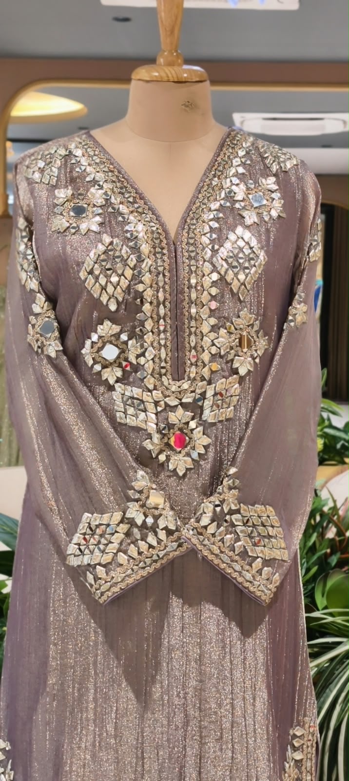 Heavy Premium Tissue Real Mirror Hand Embroidery Heavy Party Wear Full Suit Set With Striped Dupatta- 16867