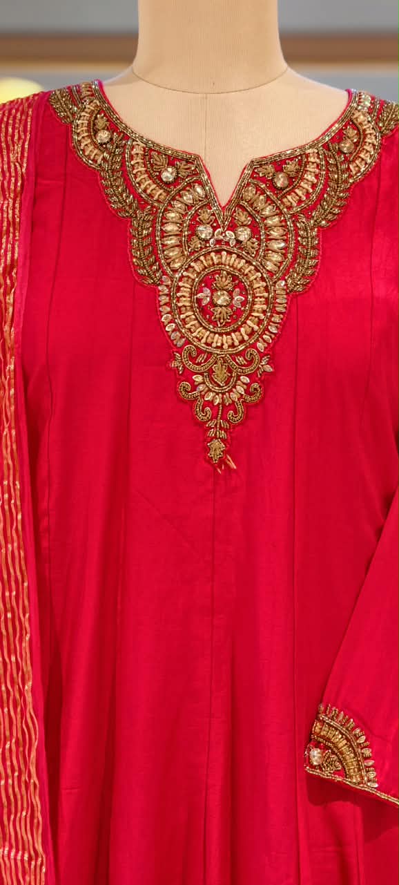 Elegant Noor Golden Embroidery Neckline Surat Mul-Chanderi Panel Anarkali Full Suit Set with Dupatta- 16920,16921