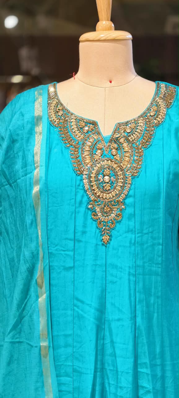 Elegant Noor Golden Embroidery Neckline Surat Mul-Chanderi Panel Anarkali Full Suit Set with Dupatta- 16920,16921