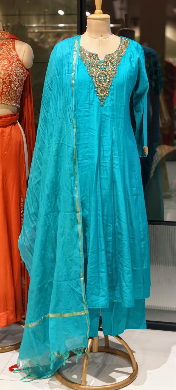 Elegant Noor Golden Embroidery Neckline Surat Mul-Chanderi Panel Anarkali Full Suit Set with Dupatta- 16920,16921