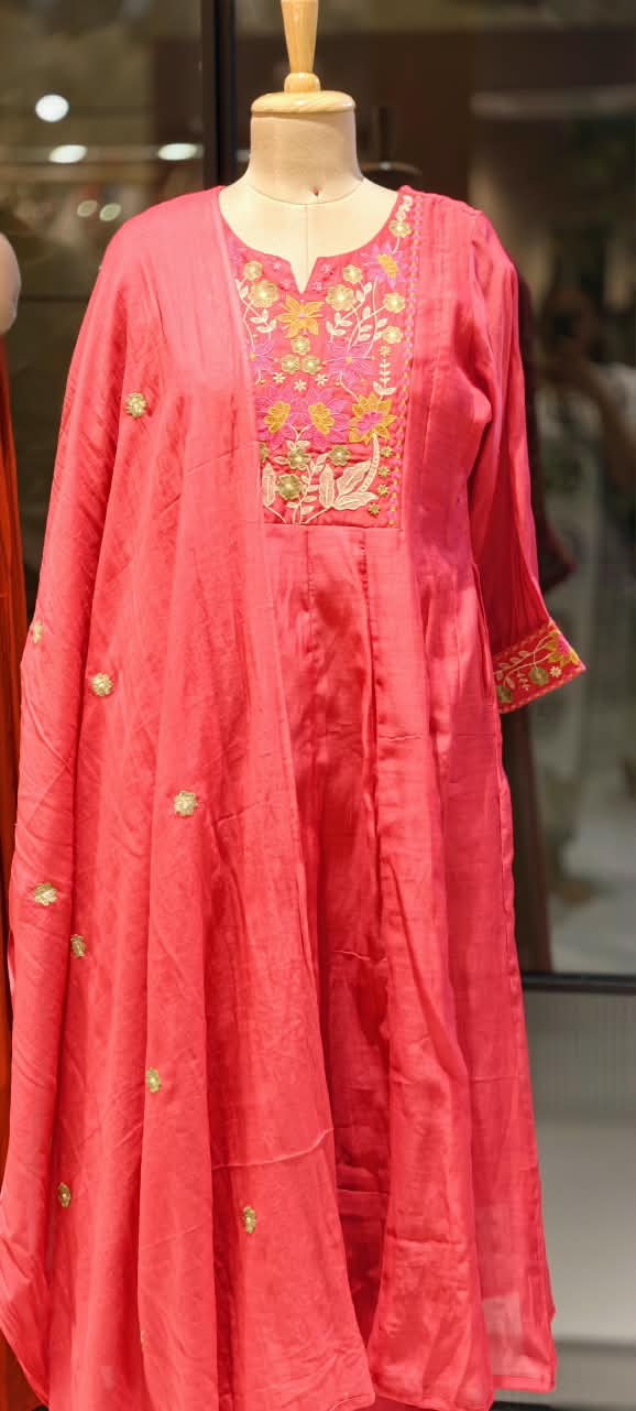 Graceful Floral Threadwork Over Yoke & Sleeve Surat Mul-Chanderi A-Line Full Suit Set with Dupatta- 16897