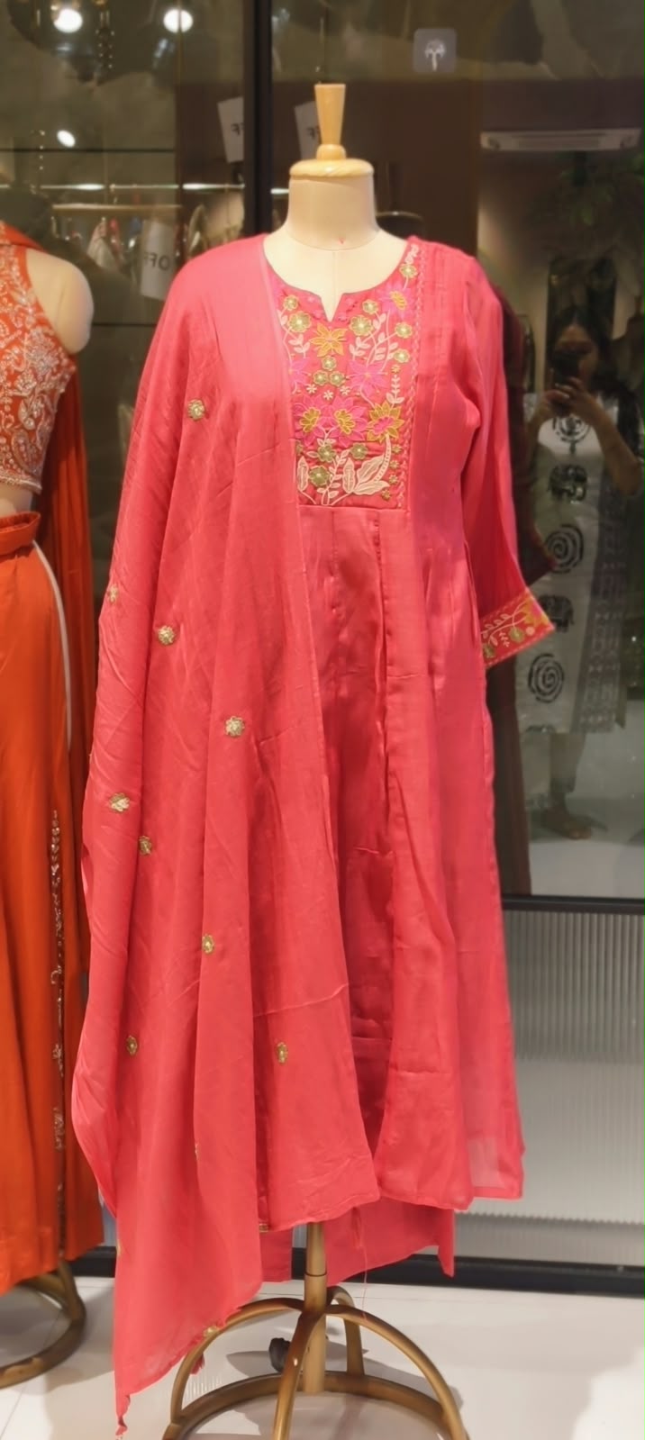 Graceful Floral Threadwork Over Yoke & Sleeve Surat Mul-Chanderi A-Line Full Suit Set with Dupatta- 16897