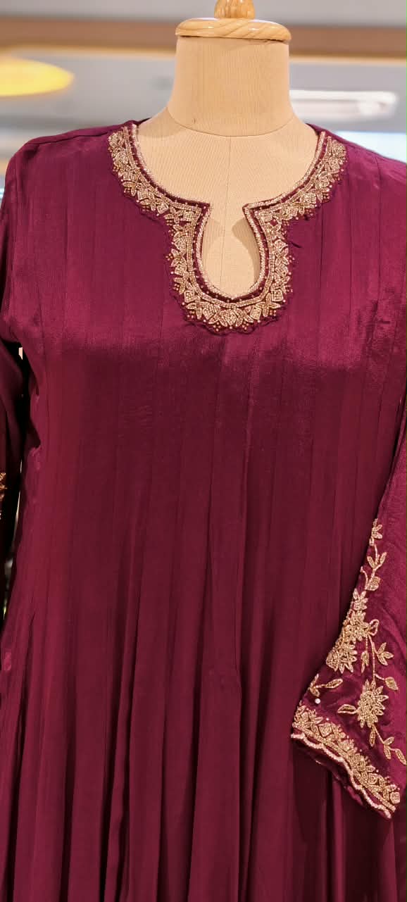 Chinon Anarkali Suit Floor Length with Heavy Golden Embroidered Dupatta, Intricate cutdana Work on Neck 16917