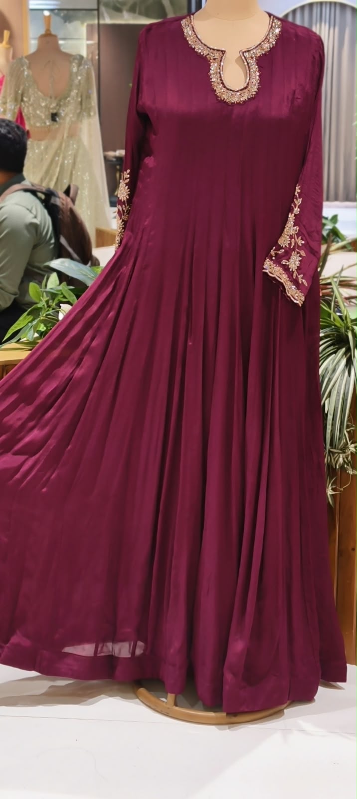 Chinon Anarkali Suit Floor Length with Heavy Golden Embroidered Dupatta, Intricate cutdana Work on Neck 16917