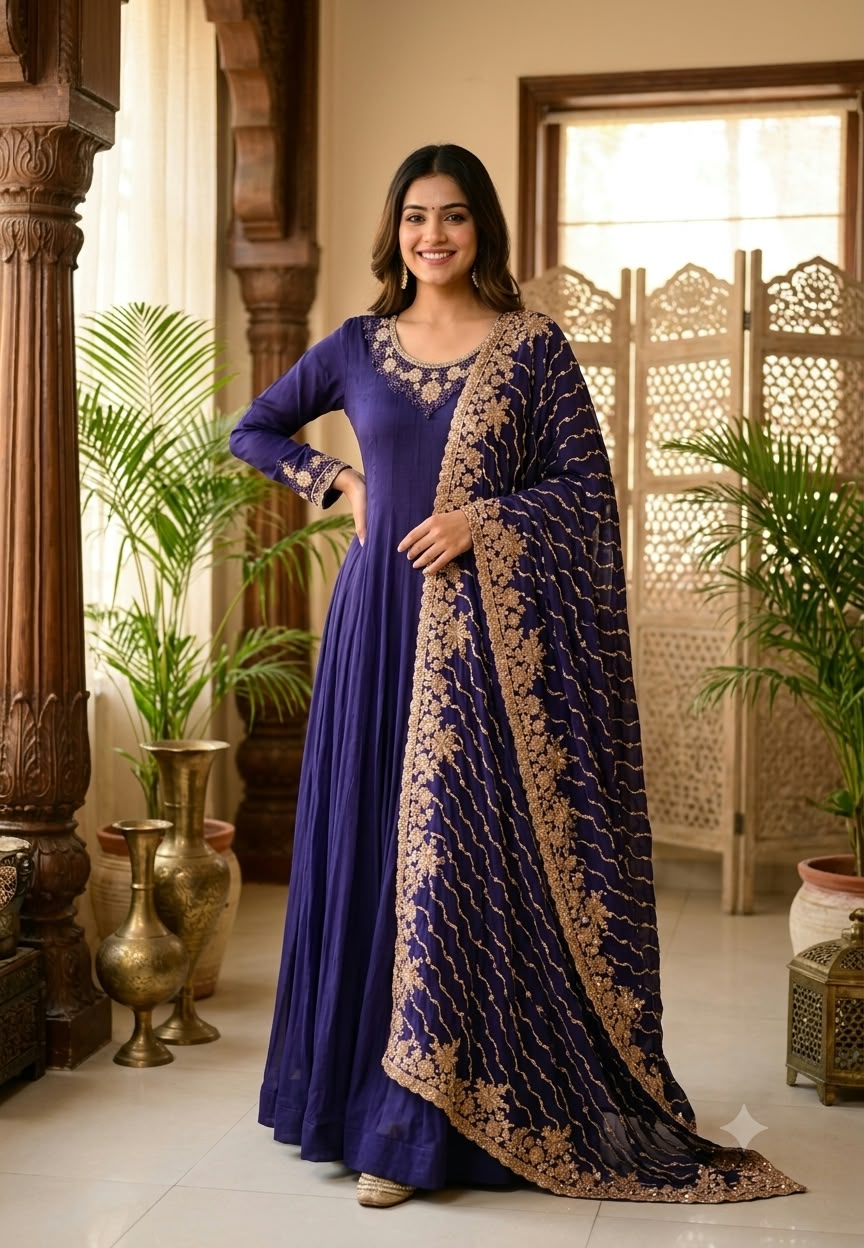 Chinon Panel Anarkali Suit with Heavy Cut dana Embroidered Dupatta, Elegant Floor-Length 16915