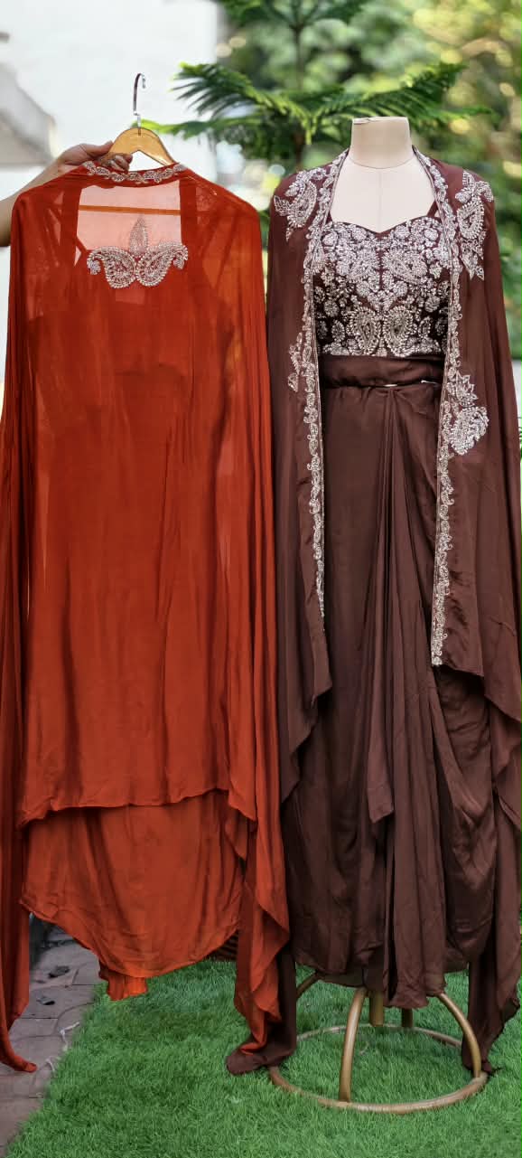 Luxury Chinon 3-Piece indowestern Heavy Embroidery,Crop Top with Dhoti & Flowing Cape 16826