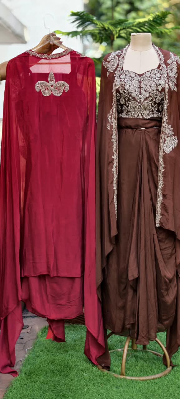 Luxury Chinon 3-Piece indowestern Heavy Embroidery,Crop Top with Dhoti & Flowing Cape 16826