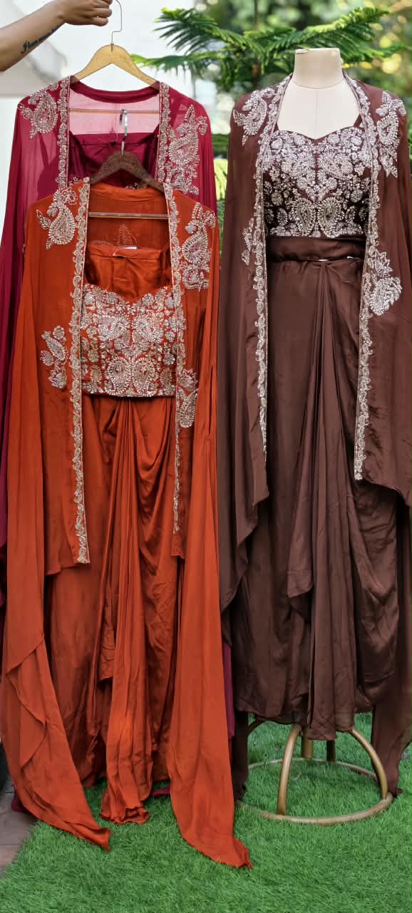 Luxury Chinon 3-Piece indowestern Heavy Embroidery,Crop Top with Dhoti & Flowing Cape 16826