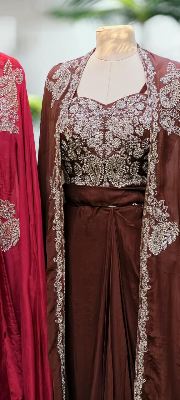 Luxury Chinon 3-Piece indowestern Heavy Embroidery,Crop Top with Dhoti & Flowing Cape 16826