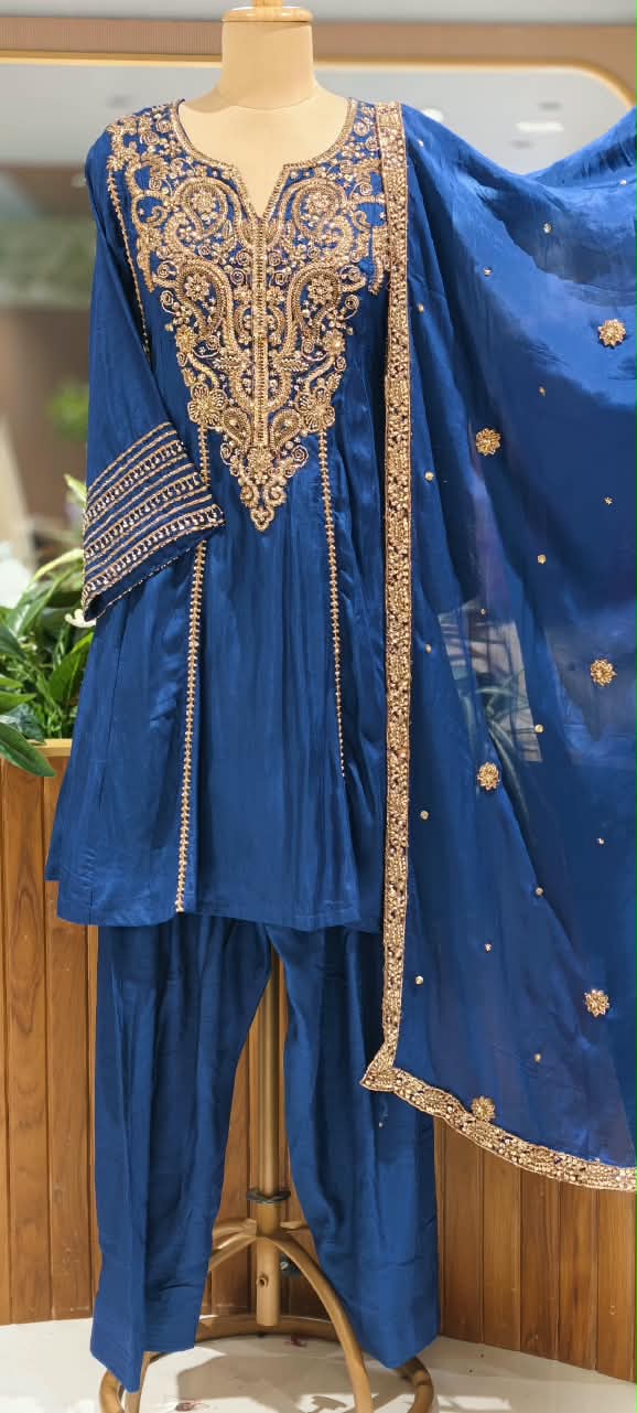 Silk Short Kurta Set with Heavy Embroidered Yoke Premium Festive Wear Farshi Bottom Full Set- 16822