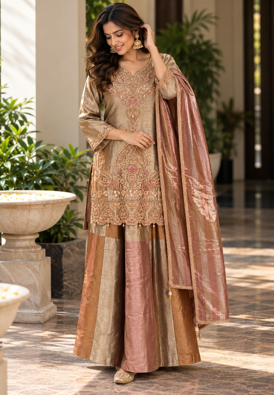 Heavy Elegant Champagne Gold Embroidered Tissue Blend Panel Palazzo Set with Intricate Zari & Sequin Work- 16933(Slightly Lean Fit)