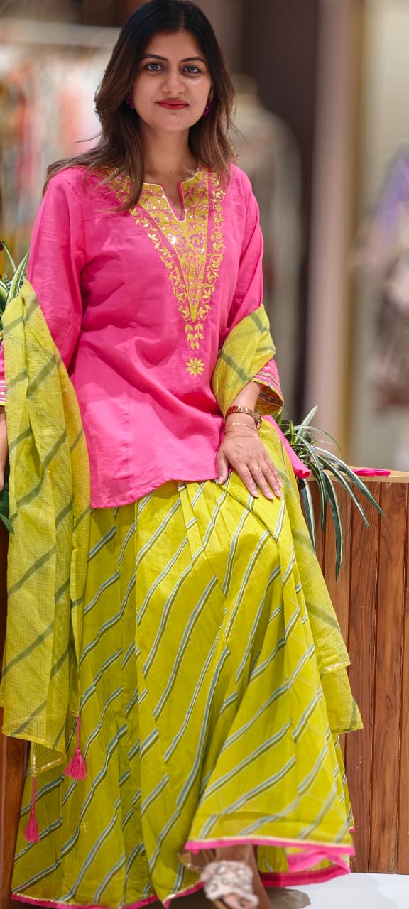 Neon Shade Embroidered V-Yoke Short Length Kurta With Leheriya Skirt Bottom & Matching Dupatta- 16952